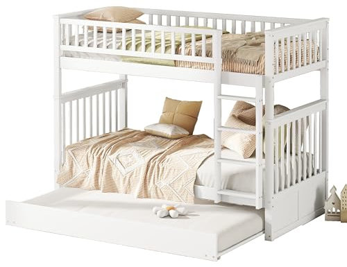 Azkoeesy Litera Infantil con Cama Nido para 3 niños, Convertible en 3 Camas Individual, con Escalera y somier, 90 x 200 cm, Color Blanco