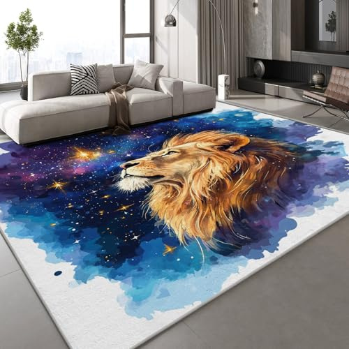 Generisch Kurzflor Teppich 3D Löwe Tier Teppich Matten rutschfeste FußMatte Sternenhimmel Gemalt Muster Kinder Spielteppiche FüR Schlafzimmer Flur Wohnzimmer Boden 160x230 cm