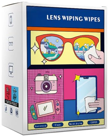 Lot de 100 lingettes de nettoyage pour lentilles - Nettoyants portables pour lunettes, lunettes de protection et surfaces telles que l'appareil photo, l'écran, la voiture, l'ordinateur portable, le