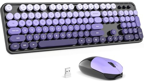 Wireless Keyboard and Mouse Combo - GEEZER Black-Purple Full-Sized Colorful Keyboard 104 Keys - USB 2.4 G Receiver Plug Play with Round Keycap Typewriter Keyboards, for Windows, PC, Laptop, Desktop
