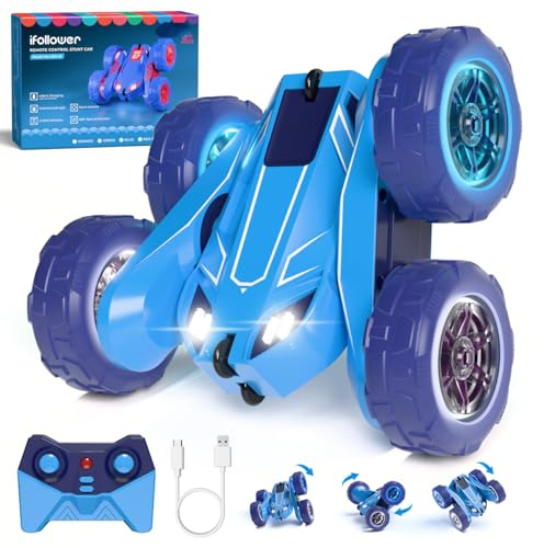Duales Direktladung Ferngesteuertes Auto,Lädt Auto und Controller über USB,2.4G 360°Drehung Monster Truck mit Buntes LED-Licht,4WD Stunt Spielzeugauto Geschenk für Kinder Jungen Mädchen ab 3-12 Jahre