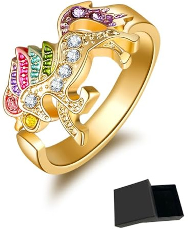 WINXMIN 1 PCS Regenbogen Einhorn Ring mit Strass Einstellbare Öffnung Cartoon Einhorn Mädchen Ring, Mit Aufbewahrungs-Geschenkbox (Gold)