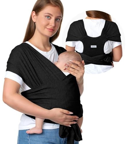 Momcozy Écharpe de Portage Bébé en Tissu Doux pour la Peau, Porte-Bébé Facile à Enfiler Type T-Shirt, Mains Libres pour Nouveau-né à Tout-Petit 3.5-16kg, Boucle Réglable pour Taille 76-120cm, Noir