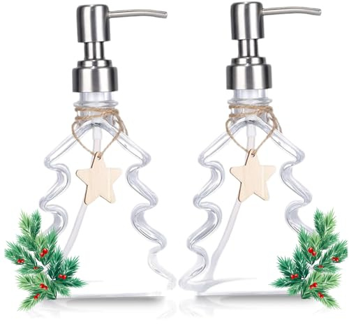 2Pcs Christmas Soap Dispenser with Pump Clear Glass Hand Soap Dispenser Refillable Empty Container for Liquid Lotion Shower Gel 200ml