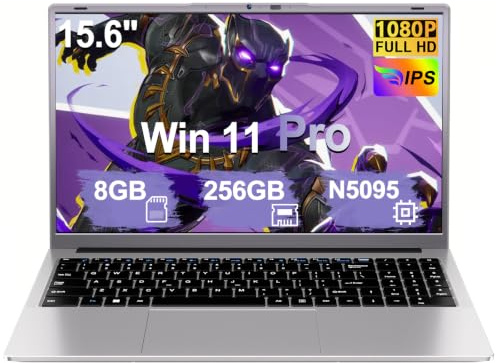 15.6 inch Laptop 8GB RAM 256GB SSD Celeron N5095, Full HD 1080P, Laptop Computer with Win11 Pro, 2MP Webcam, WiFi 5, BT4.2, USB3.0, Type-C, Numeric Keypad Laptops for Business and Students-Silver