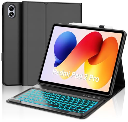 IVEOPPE Tastatur für Xiaomi Redmi Pad 2 Pro 12.1 Zoll 2025, 7-Farbige Beleuchtung Deutsches QWERTZ Keyboard, Hülle mit Bluetooth Abnehmbarer Tastatur für Redmi Pad Pro (2024) 12.1 Zoll, Schwarz