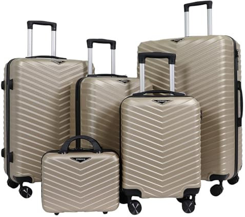 STRAVIA – Vic – Set de 5 Valises (30/45 / 55/65 / 75 cm) – ABS légères et résistantes – Serrure à Code sécurisée – 4 Roues Double Ultra fluides – Gold Champagne