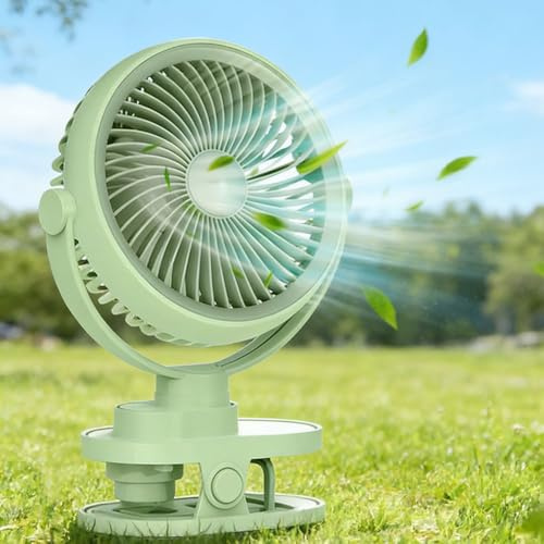 Nzkeuf Mini Ventilator Akku mit Licht, Clip Camping Ventilator, USB Tischventilator Leise, 5 Geschwindigkeiten & 360° Drehung, für Camping, Büro, Kinderwagen