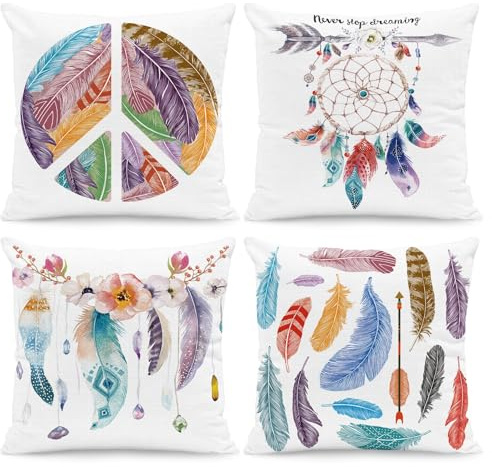 Hopomoon Kissenbezug Boho Feder & Traumfänger Motiv 45x45 cm, Weißer Dichter Leinenstoff, Farbenfrohes Bohemian Design Dekokissen für Sofa, Wohnzimmer & Schlafzimmer, Ethno Wohndekoration