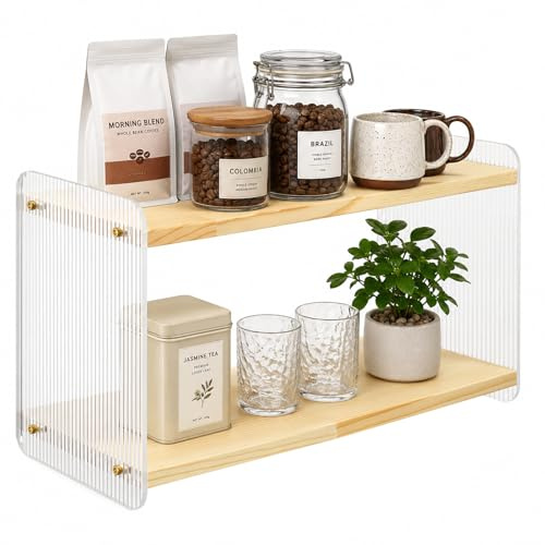 autumndeer 2 Tier Wood and Acrylic Counter Organizer Shelf, Coffee Station Organizer, Kitchen Coffee Mug Storage Rack, Matcha Shelf for Kitchen Countertops, Coffee Beans, Syrup, Cups, Stirrers
