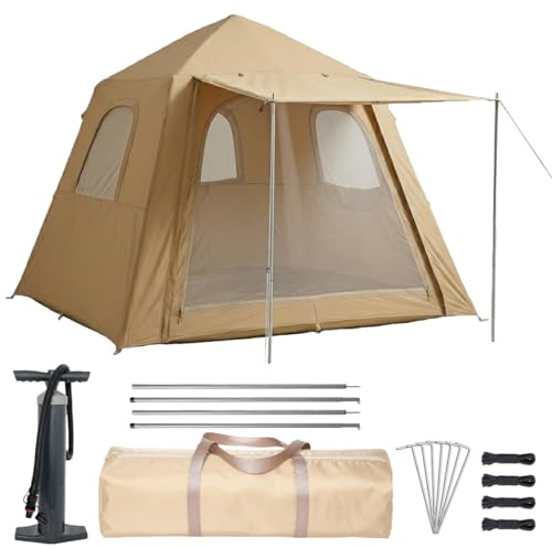Linxor – Aufblasbares Campingzelt für 2–3 Personen mit Vordach, Pumpe und Tragetasche – 2,10 x 2,10 x 1,55 m – Beige