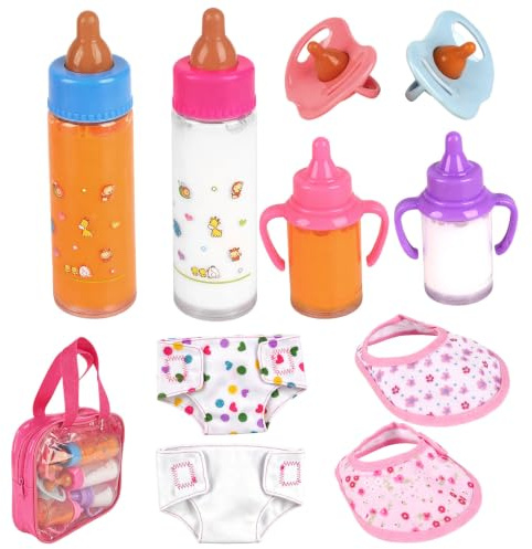 Zogxyc Accessoires pour Poupées, 10 Pcs Accessoire Poupee Bebe Jouet Fille | Accessoires de Poupée Jouet avec Bouteille Magique, Sucette, Bavoir, Couche, Convient aux Enfants de Plus de 3 an