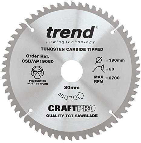 Trend Aluminium & Plastic Circular Saw Blade, 190mm Diameter, 30mm Bore, 60 Teeth, 2.8mm Kerf, -6° Hook, TCT, Extra-Fine Finish, CSB/AP19060