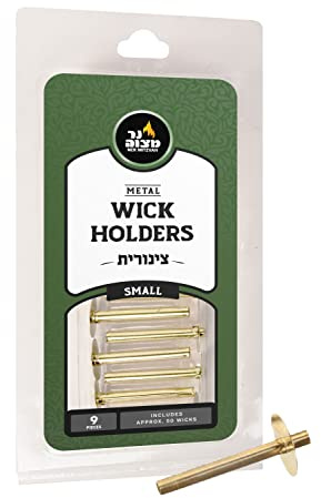 Metal Wick Holder Set – 9 Small Holders and 50 Wax Coated Cotton Wicks – Sits in Full Oil Cup for Optimal Safety and Burn Time – Tzinores by Ner Mitzvah
