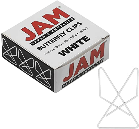 JAM PAPER Colourful Butterfly Clips - White Paperclips - 15/Pack