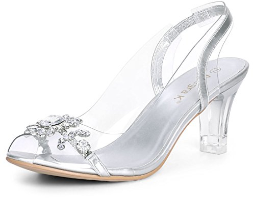 Allegra K Women's Flower Rhinestone Clear Slingback Peep Toe Heels Sandal Silver 7.5 UK/Label Size 9.5 US