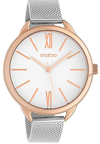 Oozoo Damenuhr mit Edelstahl Milanaise Metallband 45 MM Rose/Weiss/Silberfarben C10133