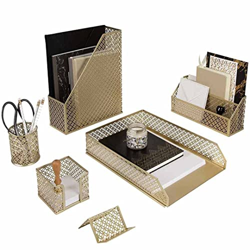 BLU MONACO Ensemble d’organisation de bureau avec trieur de courrier, porte-notes autocollantes, pot à stylos, porte-magazines, bac à lettres et porte-cartes de visite, doré/rose
