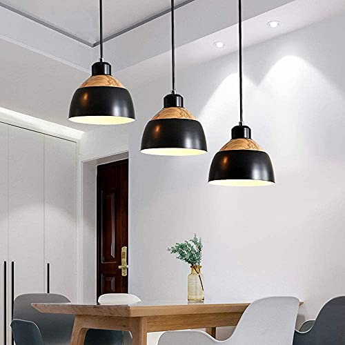 Pendelleuchte Vintage Holz Metall Schwarz Pendellampe E27 Fassung 3-Flammig Wohnzimmer Esszimmer Theke Küche Hängeleuchte Höhenverstellbar Esstisch-Lampe Innen Dekor Beleuchtung