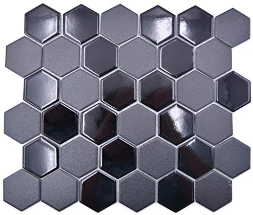 Keramik Mosaik Hexagon schwarz glänzend R10B für WAND KÜCHE Wandverblender Verkleidung | 10 Matten