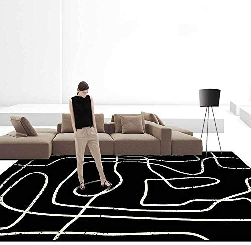 Moderner Teppich Kurzflor Designer Teppich Mit Modische Schwarze und weiße abstrakte Linien Kurzflor, Borte, WeichMaschinenwaschbar—140*200