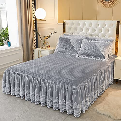 OOFAYWFD 3-teiliges Set Bett Abdeckung Bettrock Samt Gesteppt Volant-Rüschen Tagesdecke 200/220 /180 Bett setzt Protector,Koreanische Version einfarbig gesteppt verdicken halten warm Mit Kissenbezug