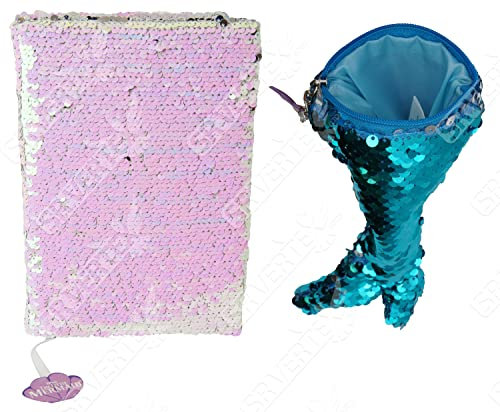 Pailletten-Notizbuch und Federmäppchen im Meerjungfrau-Stil mit Pom Pom-Geschenken für den Schulanfang für Kinder, Jungen, Mädchen, ab 3 Jahren, Pailletten