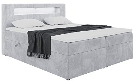 MEBLINI Boxspringbett mit Bettkasten - Bett mit LED Kopfteil - Gepolstert Doppelbett mit Matratze und Topper - Polsterbett mit Stauraum - Stauraumbett - ASPIN - 180x200 - H3/Hellgrau Samt