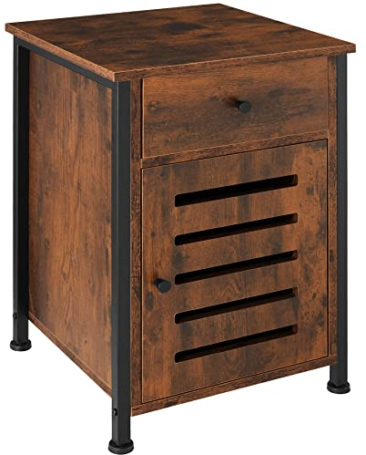 tectake Nachttisch mit Schublade, Holz Beistelltisch mit Schrank im Industrie-Design, 40 x 42 x 60,5 cm, für Schlafzimmer Wohnzimmer Büro, schwarzes Metallgestell (Industrial Dunkelbraun)