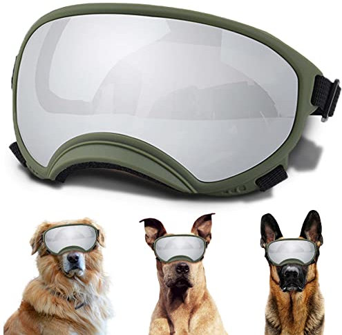 NICERINC PET Hunde-Sonnenbrille mit UV-Schutz und verstellbarem Riemen, geeignet für große Hunde, Augenschutz, weiche Hundebrille in Armeegrün Silber, Large