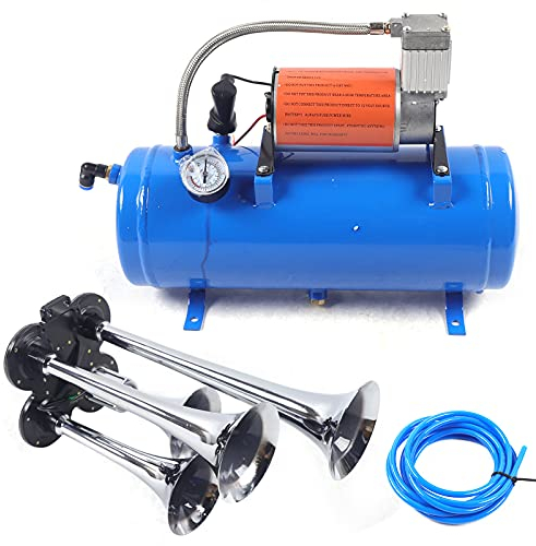 Compresseur d'air avec 4 trompettes 12 V 150 PSI Kit de klaxon d'air avec réservoir de 6 l, bleu, pour véhicules, moteurs de voiture et pneus de vélo