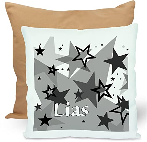 CreaDesign, Kinder Kissen 40x40 cm personalisiert mit Namen, Kinderzimmer Deko Kissen Kinder mit Füllung Federn, Motiv Sterne schwarz, Rückenfarbe Beige