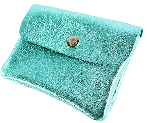 modamoda de P09 Damen Münzgeldbörse Geldbörse Portemonnaie Klein Leder Made in Italy P09, Farbe:Türkis-Metallic