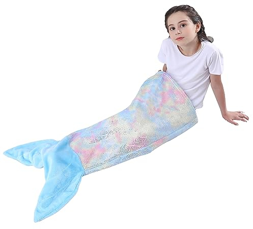 Softan Meerjungfrau Schwanz Decke für Kinder - Weiche Flanell Fleece Schlafdecke, Regenbogen Ombre Fisch Skala Design Kuscheldecke, Geschenke für Mädchen - 100 x 43 cm