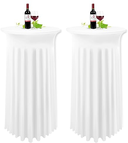 YMHPRIDE 2 Packungen Weiße Cocktail Spandex Stretch Tischdecke mit Rock, 60×110cm Runde Verbessertes Modell Cocktailtischrock Tailliertes High Top Stehtisch Husse für Party Hochzeit Banketttisch