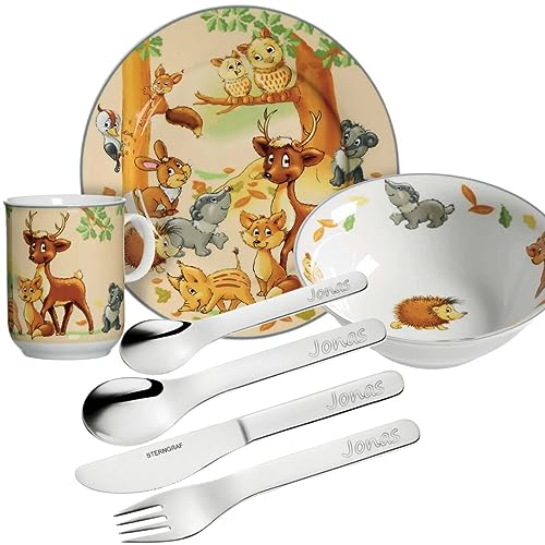 Sterngraf Kinderset Waldtiere 7tlg mit Gravur (z.B. Namen) personalisiertes Kinderbesteck + Kindergeschirr (Teller, Becher, Schale)