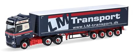 herpa LKW Modell Mercedes-Benz Actros Bigspace Gardinenplanen-Sattelzug mit Heckstapler Leif Møller, Miniatur im Maßstab 1:87, Sammlerstück, Made in Germany, Kunststoff