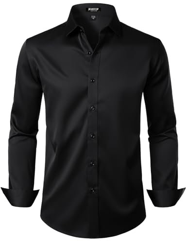 JEMITOP Men's Stretch Wrinkle Free Dress Shirts Formal Prom Wedding Long Sleeve Button Down Shirts, Black, Medium
