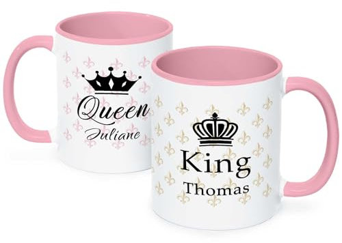 GRAVURZEILE Bedruckte Tassen mit Spruch im Set - King & Queen - Personalisiert mit Namen - Kaffeetasse mit Spruch - Geschenk zum Valentinstag - Geschenke für Sie & Ihn - Farbe: Rosa