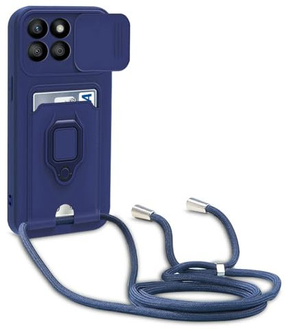 yanasuo Cover con Collana Compatibile con Huawei Honor X8b, Cover con Pratico Cordino, Slidable Protezione Fotocamera Slot Carte 360° Anello Supporto, Blu