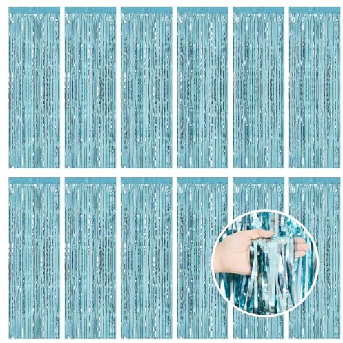 12 Pcs Light Blue Metallic Tinsel Foil Fringe Curtains, 3.3ft x 8.2ft Tinsel Streamers Backdrop Door Curtains Hanging Streamers for Birthday Wedding Christmas Party Supplies(1m x 2.5m)