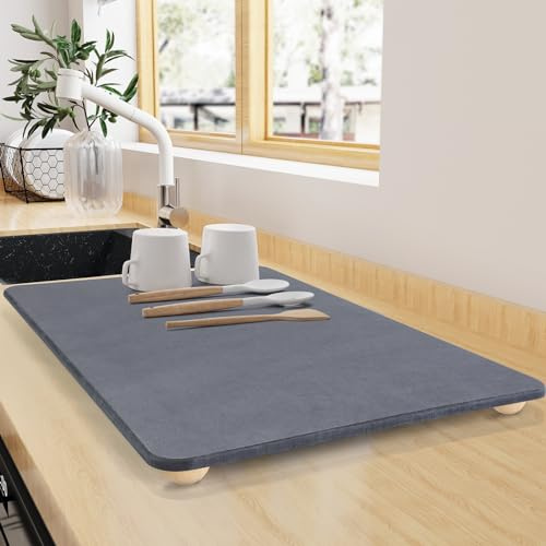 Stone Dish Drying Mat for Countertop, 16×12 Quick Dry Super Absorbent Eco-Friendly Diatomaceous Earth Stone Mat with Semicircular Wood Feet, Non-Slip, Heat Resistant, Multi-Purpose