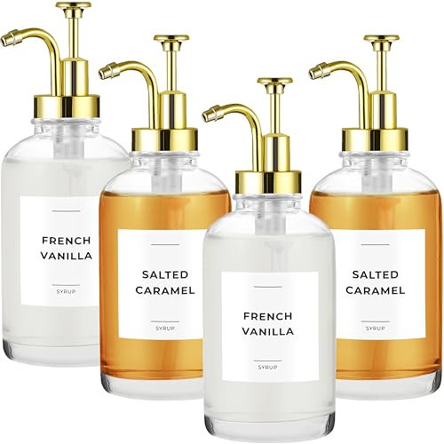 Spaceneat Coffee Syrup Dispenser with Pump – Includes 24 Flavour Labels – Glass Syrup Dispenser for Coffee Bar – Elevate your Beverage Station with 500 ml Flavouring Container Bottles, 4pcs, Gold