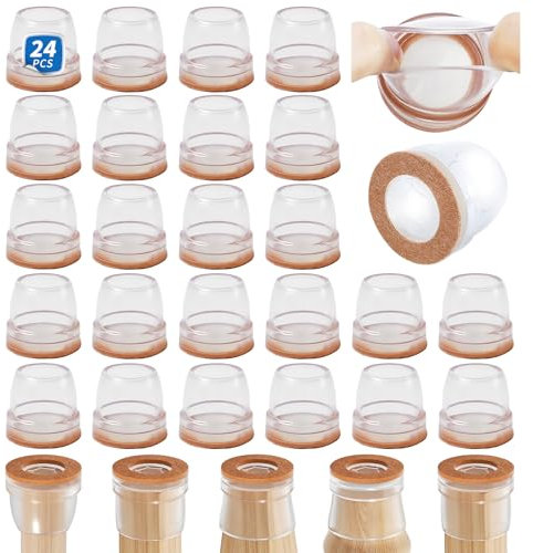 Ezprotekt Chair Leg Covers, 24 PCS 1 Transparent Silicone Chair Leg Floor Protectors with Wrapped Felt, Rubber Chair Leg Caps, Furniture Feet Protectors Pads, No Noise No Scratches