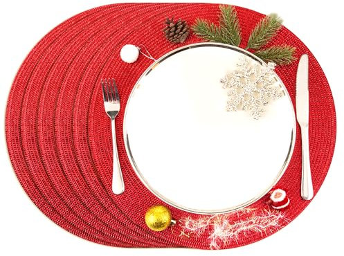 Tischmatten Ø 38cm, Set 6 Stück Helena (Rot) Platzset Tischsets abwaschbar Platzdeckchen für Esszimmer, Platzset rund Küche, Hochzeit, Party, Goldene Hochzeit Tischset Weihnachten