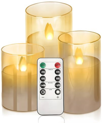 3 x Bougies LED Flamme vacillante avec Télécommande Bougie LED en cire véritable Bougies blanc chaud Piliers en Verre Doré sans flamme Bougie LED en vraie cire pour vacances, mariages, fêtes, Noël