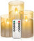 3 x Bougies LED Flamme vacillante avec Télécommande Bougie LED en cire véritable Bougies blanc chaud Piliers en Verre Doré sans flamme Bougie LED en vraie cire pour vacances, mariages, fêtes, Noël