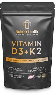 Vitamin D3 + K2 Capsules | 5000 IU Vitamin D3 & 100µg Vitamin K2 MK-7 | Supports Bones, Teeth, Muscles & Immune Function | 60 Vegetarian Capsules | Non-GMO | Gluten-Free Vitamin D Supplement