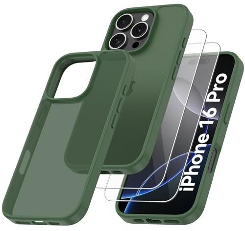 Qasyfanc Matt Cover Case Compatible with iPhone 16 Pro 6.3 with 2 Pack Tempered Glass Screen Protector, Non-Yellowing Shockproof Phone Bumper Cover Hard PC Anti-Scratch Case Dark Green