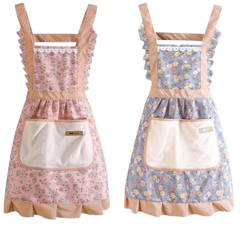 Hwtcjx Küchenschürze, 2 Stück Schürze mit Taschen, Verstellbare Küchen Schürze, Maschinenwaschbar Küchenschürzen, Schürze für Männer Damen Küche Restaurant Café (Blumen Blau+Rosa)